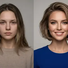 Przed i po: metamorfoza z naturalnego wyglądu do olśniewającej fryzury z efektem face framing, podkreślającej rysy twarzy.