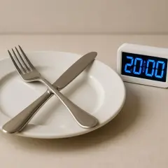 Piatto vuoto con forchetta e coltello incrociati, accanto a un orologio digitale che segna le 20:00. Forse è ora di iniziare a pensare che non mangiare fa dimagrire.