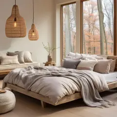 Sypialnia w stylu skandynawskim nowoczesnym z drewnianym łóżkiem, plecionymi lampami i widokiem na jesienny las.