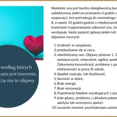 Grafika z mózgiem i sercem. Tekst o objawach zaburzeń snu, insomnii i kryteriach diagnostycznych.