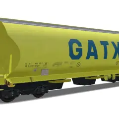 Żółty wagon kolejowy GATX, z niebieskim napisem. Zastanawiasz się, ile waży wagon kolejowy? Ten model jest gotowy do transportu!