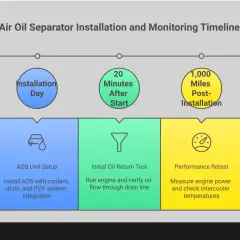 Cronograma de instalación y monitoreo de un separador de aceite (AOS). Incluye mediciones iniciales, instalación, pruebas y análisis de aceite cada 5,000 millas.