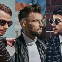 Trzech mężczyzn w stylowych fryzurach. Jeden z nich ma french crop, drugi zaczesane włosy do góry, a trzeci krótkie włosy z grzywką.