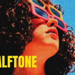 A person with curly hair wears colorful sunglasses, with a comic book effect photoshop style. The word "HALFTONE" is in yellow text.