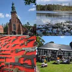 Kaszuby atrakcje: kościół, jezioro, wystawa broni i festyn.