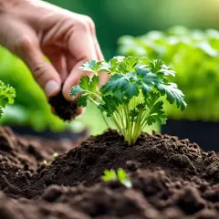 Main d'un jardinier ajoutant de la terre autour d'un jeune plant de persil, prêt à pousser.