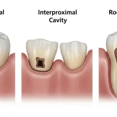 Illustrazione di carie superficiale, interprossimale e della radice. Le carie causano danni ai denti.