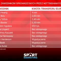 Lista zawodników sprowadzonych przez Nottingham Forest, w tym kwoty transferów. Zobacz, jakie nottingham transfery wzmocniły klub.