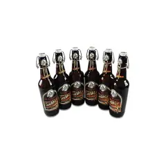 Sechs Flaschen Mönchshof Bockbier mit Bügelverschluss stehen nebeneinander.