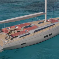Yacht del Pardo con comodi divani rossi e tavolo in teak, pronta per una crociera.
