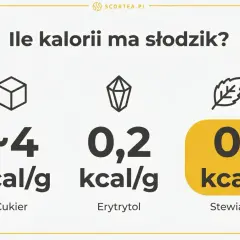Porównanie kalorii: cukier (~4 kcal/g), erytrytol (0,2 kcal/g) i stewia (0 kcal/g). Izomaltuloza, jako alternatywa, ma ok. 2 kcal/g.