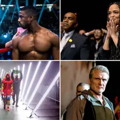 Sylvester Stallone i Michael B. Jordan w scenach z filmu Creed. Bokserzy, trenerzy i widzowie w emocjonujących momentach.