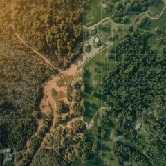 Ortofotomapa co to? Widok z lotu ptaka na las, rzekę i zabudowania. Siatka kwadratów sugeruje precyzyjne pomiary.