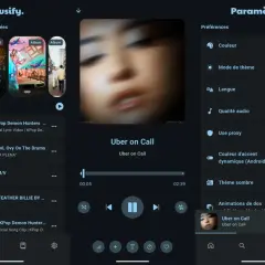 L'application Musify, une plateforme de musique open source, affiche des playlists recommandées, des suggestions de titres et les paramètres de l'application.