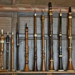 Collection d'instruments à vent anciens en bois, dont des flûtes, des hautbois et des clarinettes, alignés sur une étagère.