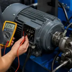 Elektryk sprawdza napięcie silnika, który zaraz sam wchodzi na wysokie obroty. Multimetr pokazuje 228.2V.
