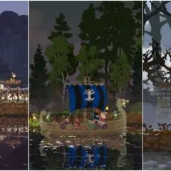 Obrazki z gry Kingdom Two Crowns. Poradnik pokazuje różne sceny: potwora i armię, łódź wikingów i króla na łosiu.