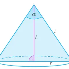 Geometryczny stożek z zaznaczonymi wysokością (h), promieniem podstawy (r), tworzącą (l) i katem α.