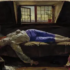 A young man lies in repose, a scene reminiscent of sad Renaissance paintings. His eyes are closed, his body still, as if in a deep sleep. The room is dimly lit, with a single window offering a glimpse of the outside world.
