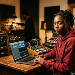 Jeune femme dans un studio d'enregistrement, travaillant sur un ordinateur portable affichant une piste audio. Elle finalise son contrat de distribution musique.