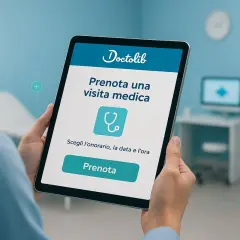 Una persona usa un tablet per prenotare una visita medica tramite Doctolib. L'app mostra "Prenota una visita medica" e un pulsante "Prenota".