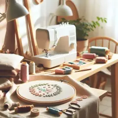 Un atelier de couture lumineux avec une machine à coudre, des fils colorés et un cercle de broderie orné d'un joli point de broderie floral.