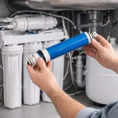 Main bleue d'un système d'osmose inverse, prête à être installée. L'entretien de la membrane osmoseur garantit une eau pure.
