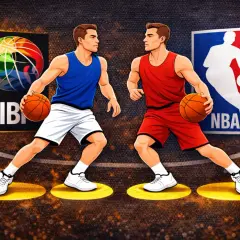Dwóch koszykarzy, jeden w niebieskim, drugi w czerwonym stroju, szykuje się do akcji. W tle loga FIBA i NBA sugerują, że to będzie zacięta dogrywka w koszykówce.