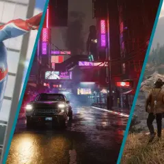 Spiderman schwingt durch eine Stadt, ein Auto fährt durch eine neonbeleuchtete Gasse, ein Cowboy reitet durch eine Berglandschaft – alles Teil von fesselnden open world games ps5.