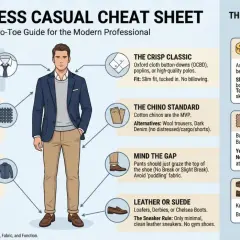 Guida al look **business casual**: blazer blu, maglia grigia, chino beige e mocassini marroni.
