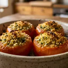 Quatre tomates provençales garnies d'une chapelure dorée et d'herbes fraîches, servies dans un plat en céramique.