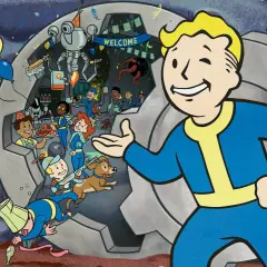 Vault Boy zaprasza do radosnej imprezy w świecie Fallout 76, gdzie gracze z różnych platform mogą wspólnie bawić się dzięki **fallout 76 crossplay**.