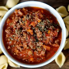 Herzhaftes Bolognese-Rezept mit Hackfleisch und Tomaten, garniert mit Kräutern, umgeben von ungekochten Nudeln.