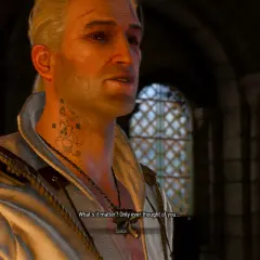 Geralt z Rivii z charakterystycznym tatuażem na szyi, przypominającym ten z Wiedźmin 2.