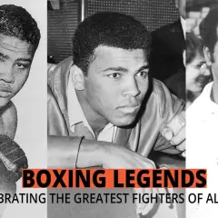 Collage of famous boxers, including Joe Louis, Muhammad Ali, and Rocky Marciano, celebrating the greatest fighters of all time.