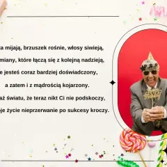 Śmieszne życzenia urodzinowe dla doświadczonego jubilata z wąsami i czapką "IT'S MY BIRTHDAY". Niech życie kroczy po sukcesy!