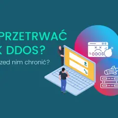 Jak przetrwać atak DDoS? Grafika pokazuje laptopa, dwóch ludzi i symbole ataków. Dowiedz się, jak się chronić.