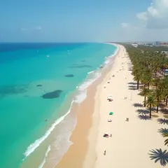 Piękna, piaszczysta plaża z palmami i turkusowym morzem.