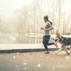 Kobieta i jej pies husky cieszą się wspólnym bieganiem w zimowy, mglisty dzień nad jeziorem.