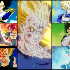 Kompilacja scen z Vegetą: od dumnego Saiyanina po walczącego z ranami, aż po transformację w Super Saiyanina Blue.
