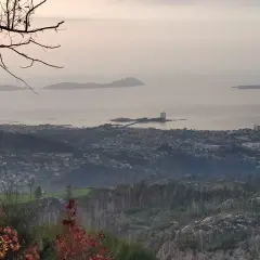 Vista panorámica desde el monte alba: islas Cíes, ciudad costera y bosques.