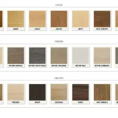 Tabella colori per legno: tonalità calde (Teak, Bambù, Faggio, Ciliegio, Abete, Noce Europeo, Rovere), fredde (Betulla, Rovere Morello, Rovere Fior di Pesco, Rovere Veneziano, Rovere Milk, Rovere Sfarinato, Rovere Sand) e neutre (Olmo, Frassino, Wengè,...