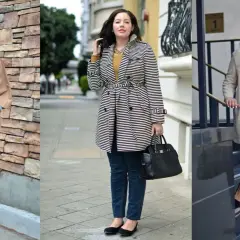 Eleganckie stylizacje dla puszystych: trzy modne kobiety prezentują płaszcze i spodnie, tworząc stylowe zestawy.