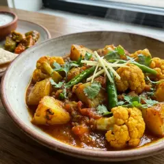 En smakrik aloo gobi med potatis och blomkål i en kryddig sås, serverad med naanbröd och raita.