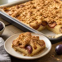 Ein Stück Zwetschgenkuchen mit knuspriger Streuselhaube, perfekt nach dem crumble grundrezept. Daneben eine Schüssel mit frischen Zwetschgen.