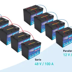 Configurazione di batterie LiFePO4 per come caricare batterie lifepo4: serie 48V/100A e parallelo 12V/400A.