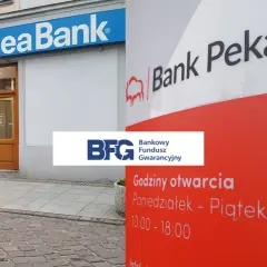 Bank Pekao i Idea Bank obok siebie. Na czerwonym słupie godziny otwarcia: poniedziałek-piątek 10:00-18:00.