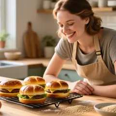 Une femme souriante prépare des pains à burger faits maison sur un plan de travail de cuisine.