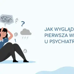 Kobieta zmartwiona, otoczona symbolami chaosu i pytań, przygotowuje się na wizytę u psychiatry.