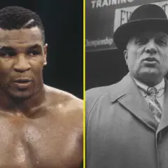 Mike Tyson's intense gaze meets the camera, a stark contrast to the distinguished gentleman in a hat and coat, who trained Mike Tyson to become a legend.